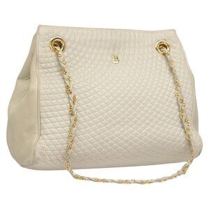 Authentic BALLY Quilted Chain Shoulder Bag Leather Gray Gold